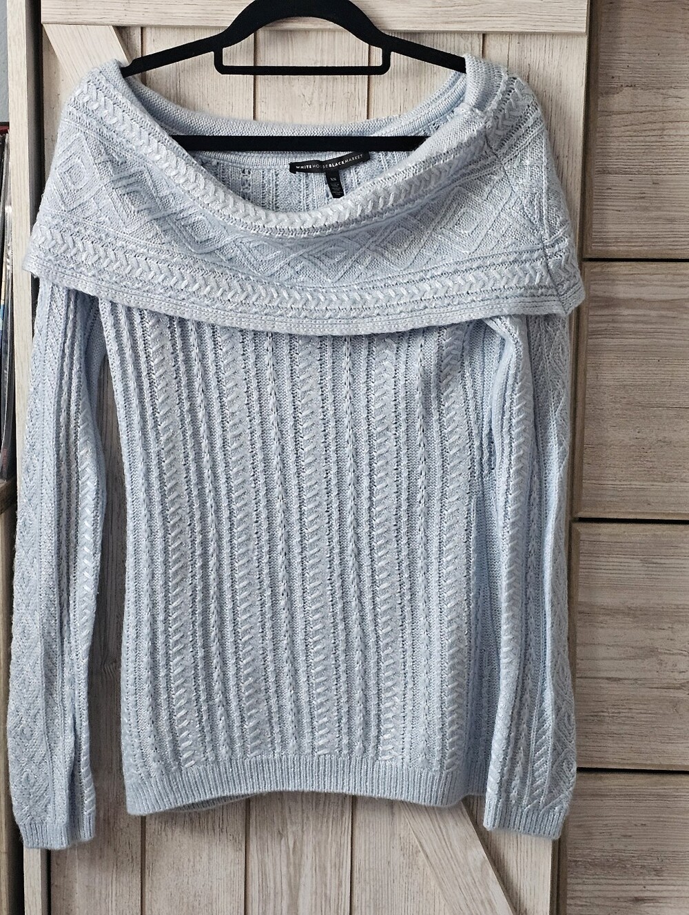 WHBM SOFT POWDERED BLUE W/ SILVER SPARKLE OFF THE SHOULDERS SWEATER SZ XS